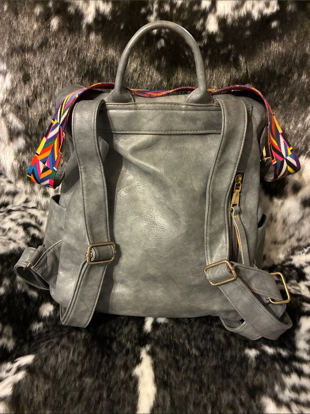Women's Gray Backpack Tote with Colorful Strap